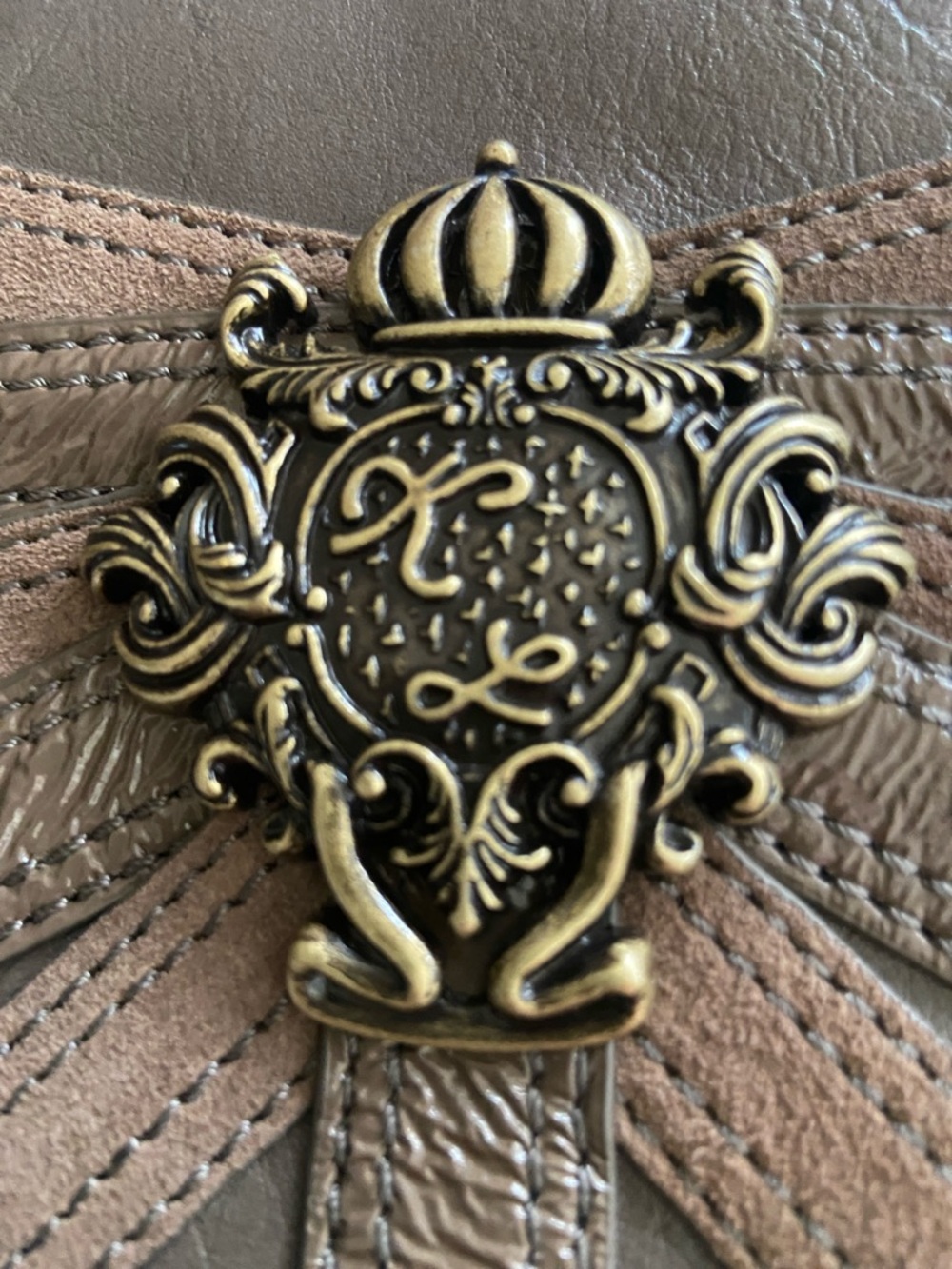 Kate Landry Brown and Taupe Decorative Crest Wristlet - Picture 2 of 6